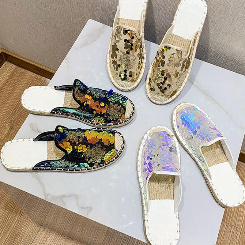 Baotou Half Slippers Female Summer Flat-bottomed Lazy One-step Outside Wear Net Red Sequin Fisherman Sandals and Slippers