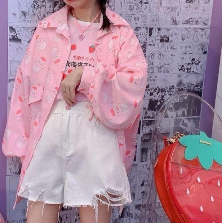Harajuku Clothing Pastel Lilac Strawberry Milk Pastel Lilac Button Up Shirt Harajuku Shirt Tumblr Shirt Lolita Shirt Cute Tee Milk Tee Shirt