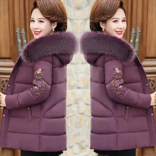 Middle-aged and Elderly Women's Short Down Cotton-padded Jacket Mothers Wear Coat Big Fur Collar Thick Padded Jacket