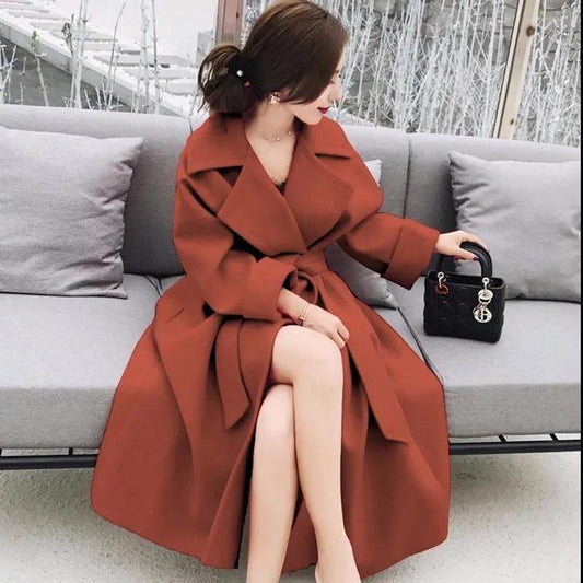 Autumn and Winter Woolen Coat Korean Style Slim Woolen Coat Women's Thick Plus Size Mid-length Over-the-knee Coat