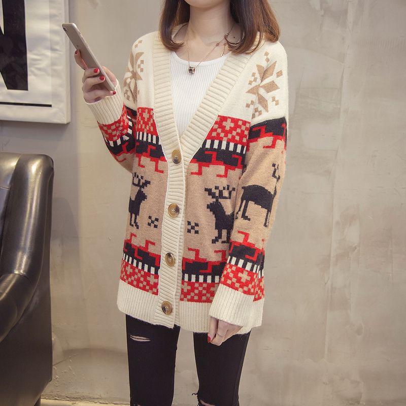Vintage Deer Print Cardigan Jacket Women Loose Casual Knit Sweater Sweater Coat Outer Wear