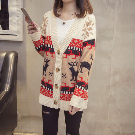 Vintage Deer Print Cardigan Jacket Women Loose Casual Knit Sweater Sweater Coat Outer Wear