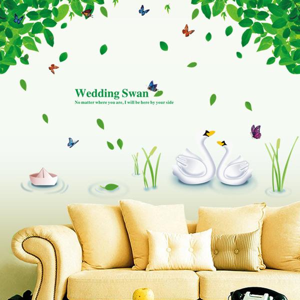 Swan Lake Green Leaf Wall Sticker Environmentally Friendly Background Sticker