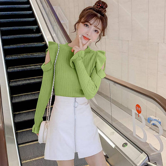 Podilove Women's long-sleeve off-shoulder knit sweater womens sweet ruffled slim sweater women