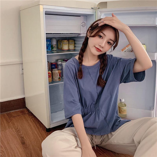 Pleating Irregular Summer Women's Fashion Asymmetry Tops Short Sleeve Solid Color Casual Loose T-shirt
