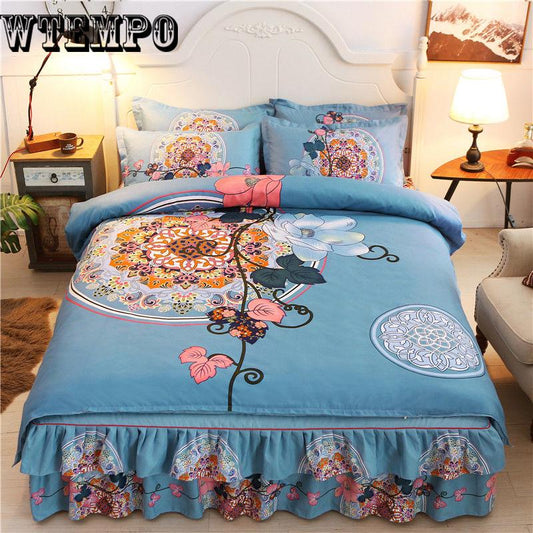 Simple Style Printing Bedspread Cotton Bed Skirt Pillowcase Bedding Bed Sets Queen King Size