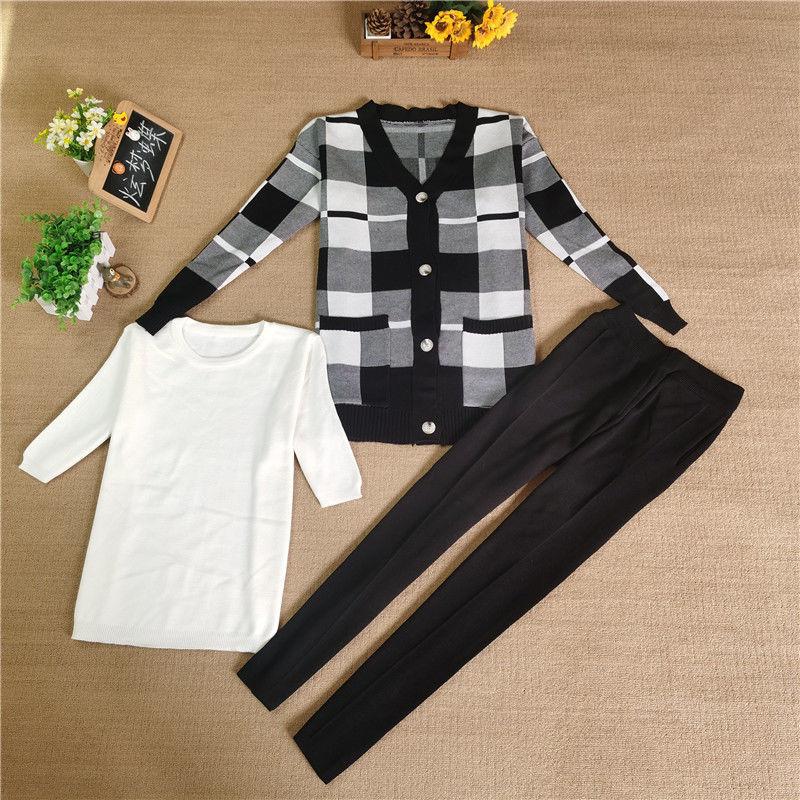 3pcs/set Knit Suit Women's Casual Plaid Knitted Cardigan +sweater + Knitted Harem Pants 3 Piece Set Ladies Jogging Outfits Autumn Spring
