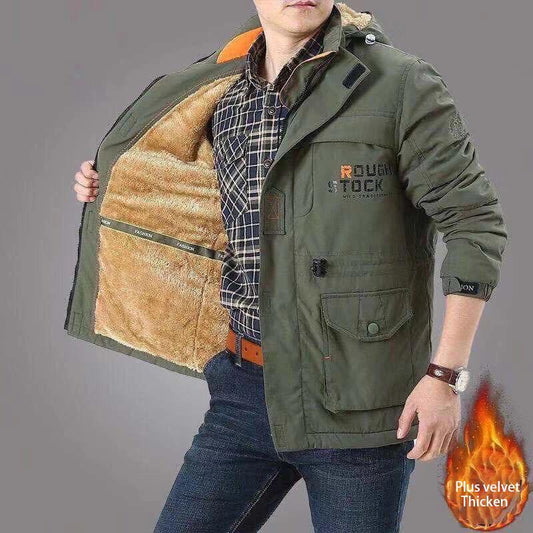 Autumn and Winter Thickened Jacket Men's Outdoor Leisure Multi-pocket Mid-length Jacket Large Size Waterproof Men's Jacket