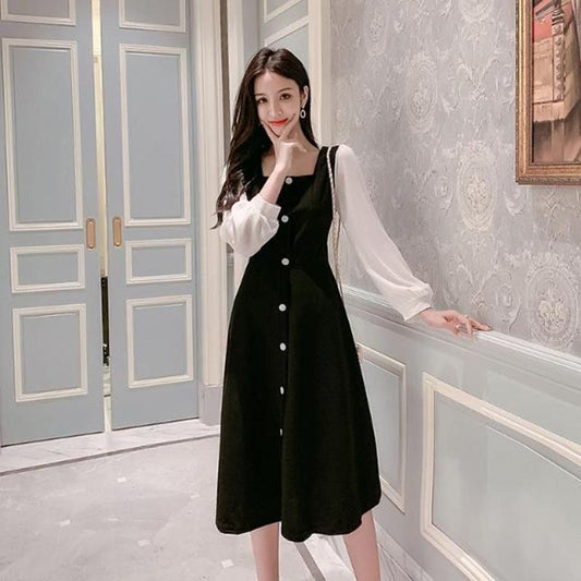 Ladies' Retro Temperament, Small Incense Wind Receiving Waist Thin Mid-length Dress Female Black and White Stitching Long Sleeve Dress