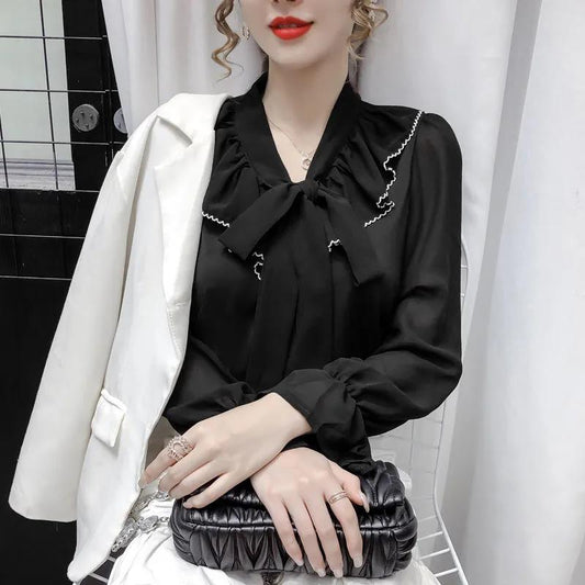 Spring and Summer Tied Wide Loose Long-sleeved Bow-knot Shirt Female Design Sense Niche Chiffon Shirt Top Trumpet Sleeve Bow Neckline Lady