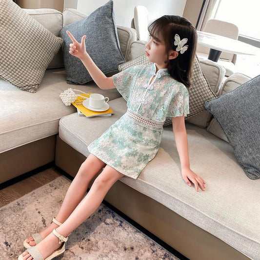 Girls' Dress Summer Broken Flowers Dress Children Net Red Girl Chinese Style Fake Two Pieces of Lace Skirt