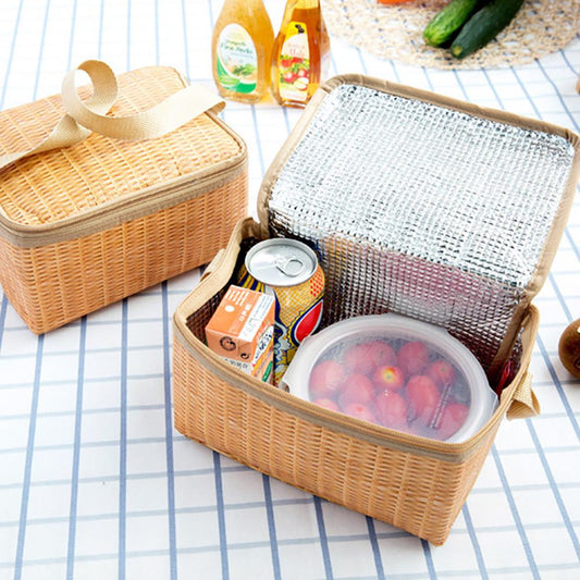 1/2pcs Imitation Rattan Thermal Insulated Lunch Box Tote Cooler Zipper Bag Bento Lunch Pouch