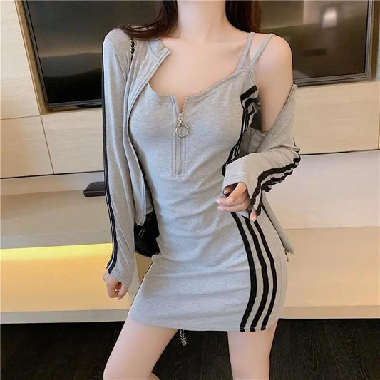 Sexy Skinny Dress Set Women's Striped Long Sleeve Jacket + Sling Zipper Slim Dress Casual Sports Skirt Set Female Summer Clothing Sets Dress Set
