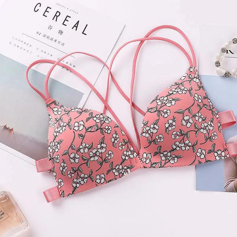 Women Fashion Leopard Print Bra Front Buckle Deep V Gather Cross Beauty Back Bra