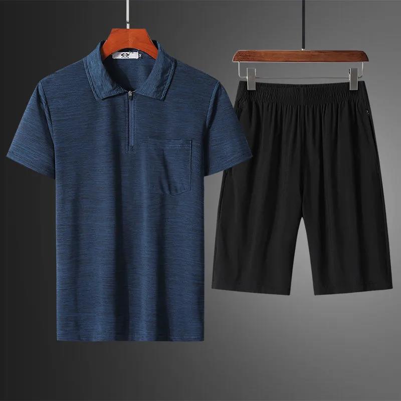 Middle-aged and Elderly Sports Suit Men's Summer Ice Silk Quick-drying T-shirt Short-sleeved Shorts Dad Wear Casual Running Two-piece Suit