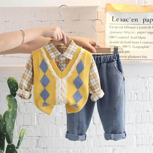 Baby Casual Autumn Clothes Sweater Vest Three-piece Set Printing Contrast Color Design Korean Version Spring and Autumn Children's Suit