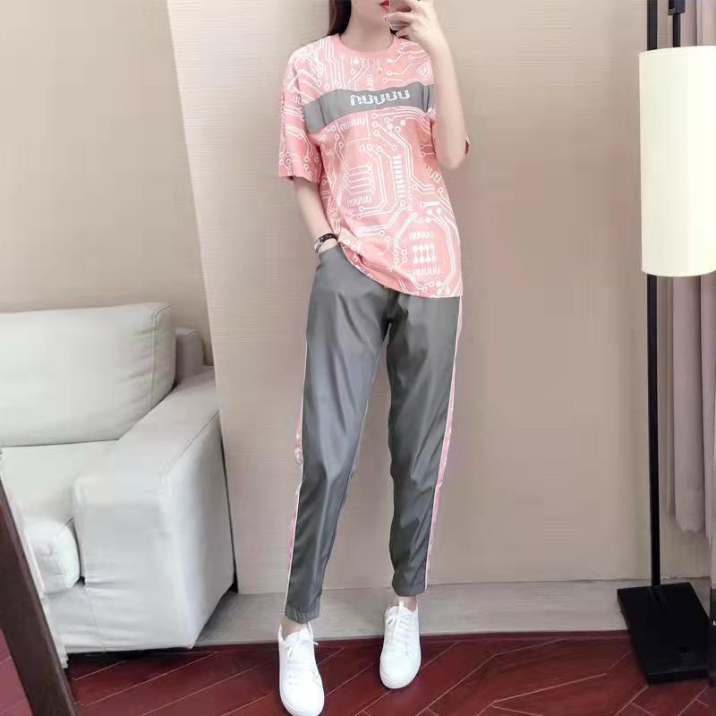 2PCS Women's Running Sports Suit Short Sleeve Top + Casual Pants Two-piece Loose Casual Wear Fitness Jogging Suit Tracksuit Ladies Sportswear