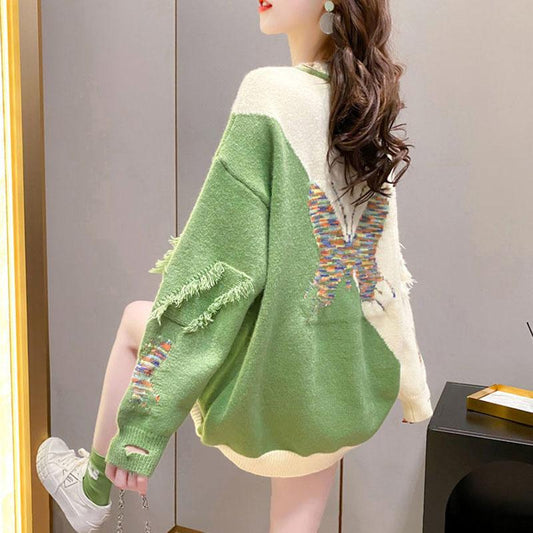 Autumn and Winter Loose Round Neck Bottoming Shirt Pullover Casual Knitted Jacket Hit Color All-match Female Sweater