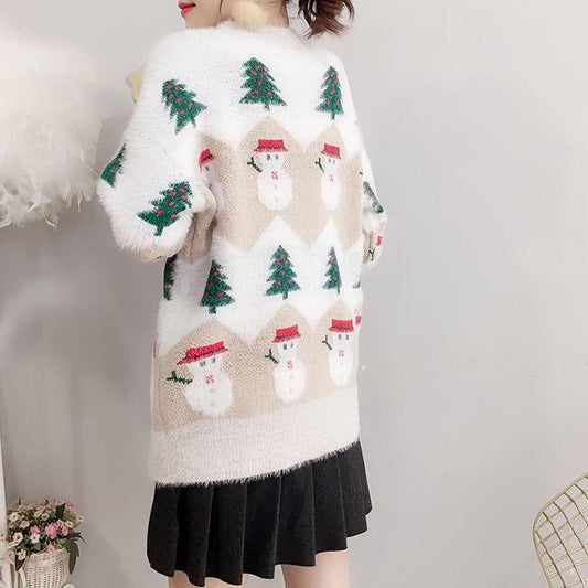 Female Large Size Vintage Loose Print Sweaters Women's Autumn and Winter Sweet Style Knitted Pullover Tops