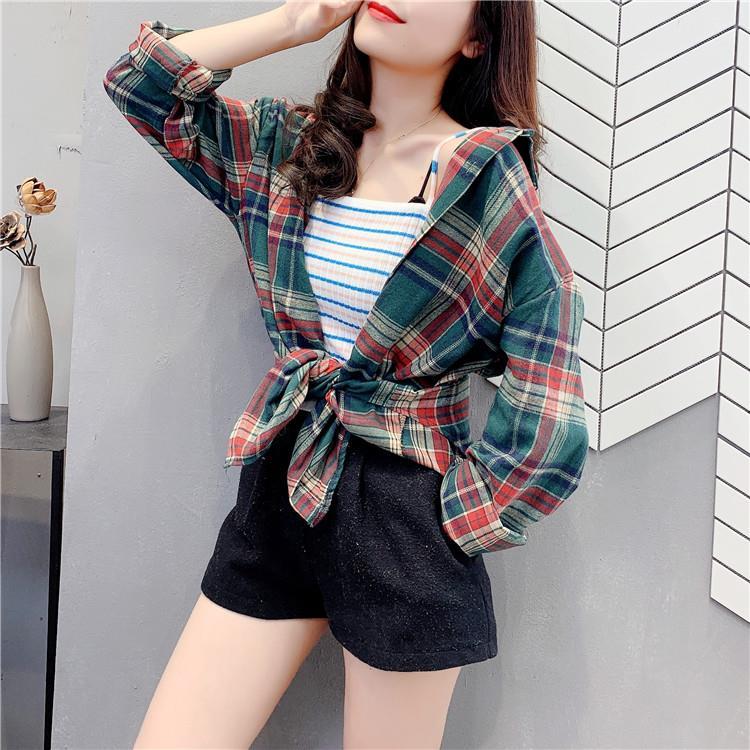 POLO Collar Contrast Color Plaid Brushed Loose Shirt Women's Spring and Autumn Retro Top