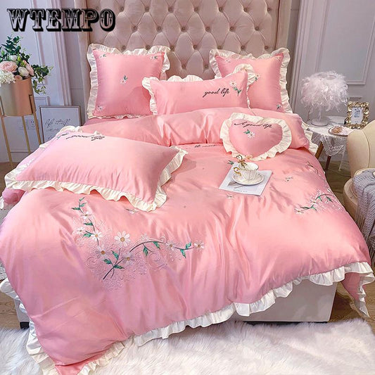 Cotton 4pcs Jacquard Silk Cotton Luxury Bedding Set King Size Queen Bedclothes Bed Skirt