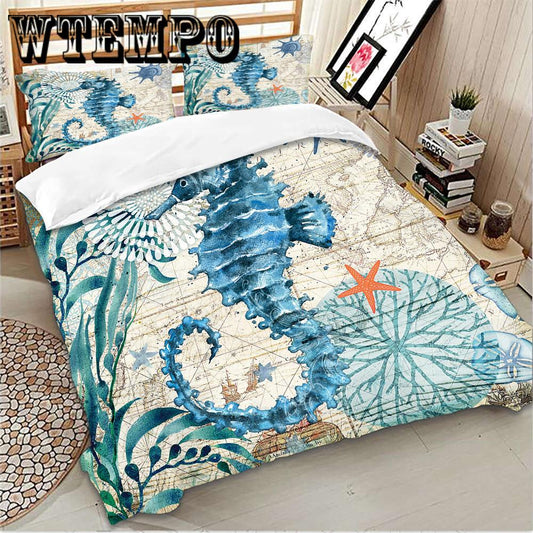 3pcs Seahorse 3D Ocean Bedding Set Duvet Cover Sets Twin Full Queen Size