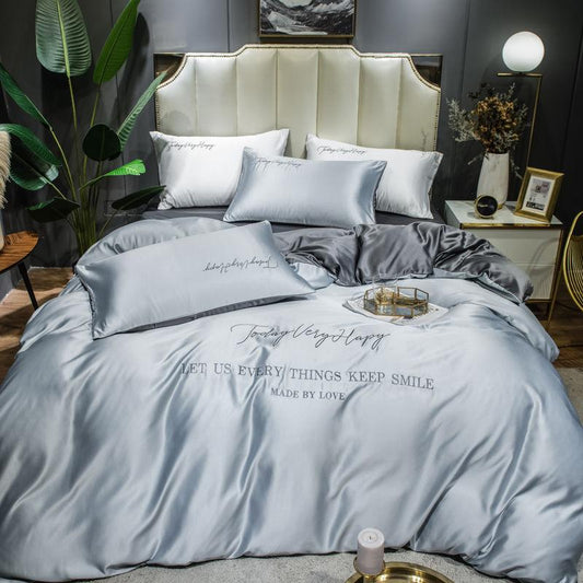 Silky Nude Sleeping Ice Silk Four-piece Set Pure Color Washed Silk Bed Sheet Duvet Cover Pillow Case Bedding