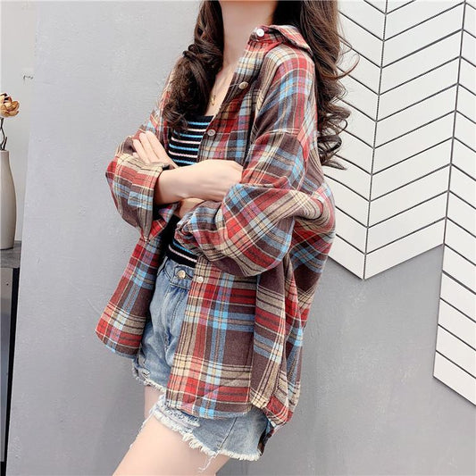 POLO Collar Contrast Color Plaid Brushed Loose Shirt Women's Spring and Autumn Retro Top