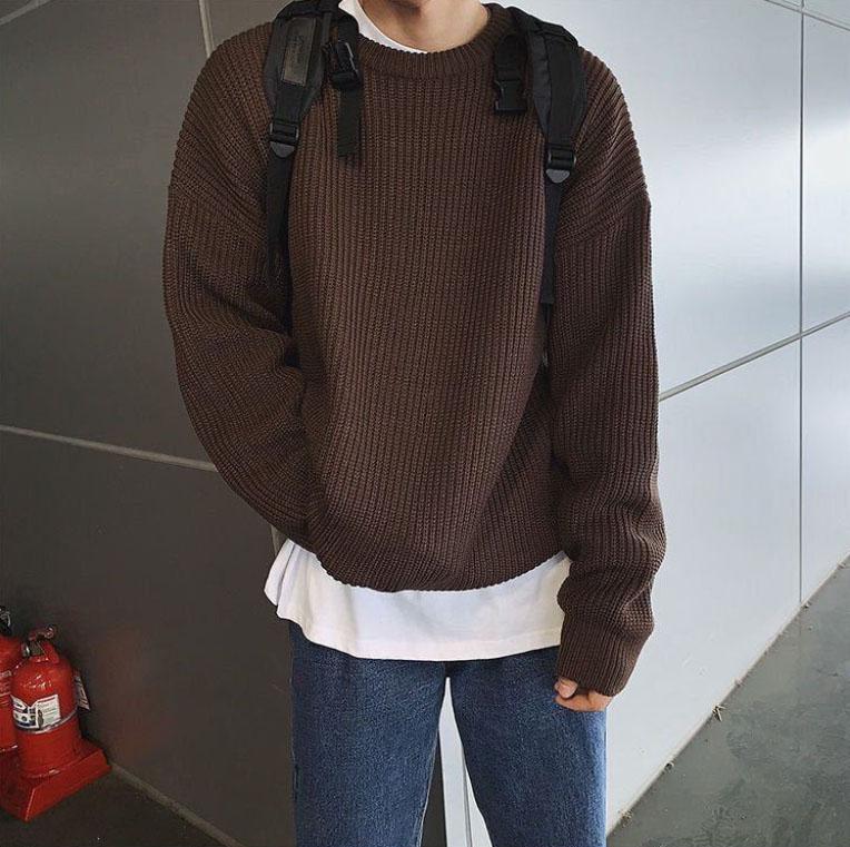 Round Neck Sweater Men Fall and Winter with A Pullover Base Sweater Loose Plus Velvet Thick Trend Top