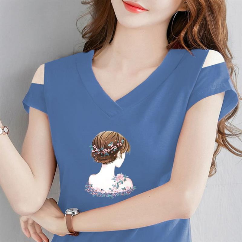 Summer Thin Off-the-shoulder T-shirt Black Short-sleeved T-shirt Women's Leak-shoulder One-word V-neck Top Korean Version Slimming Bottoming Shirt