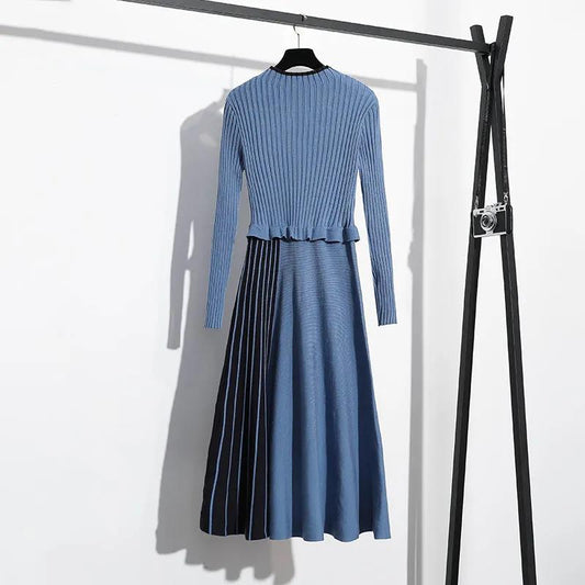 Spring and Autumn Dress Women 2021 All-match Slimming Base Dress Mid-length Fake Two-piece Knitted Dress