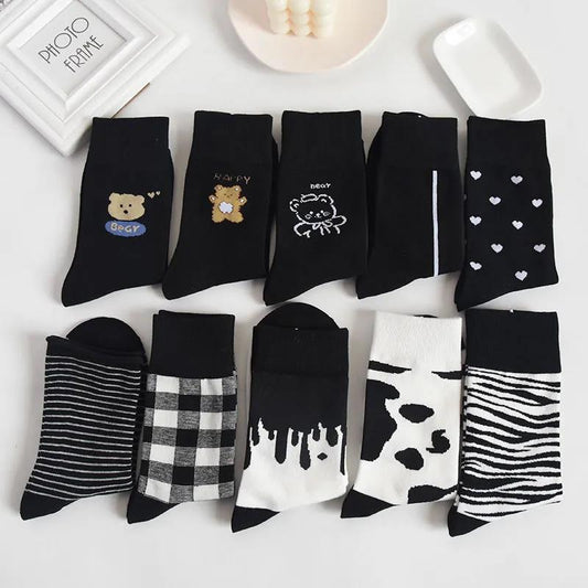 Four Pairs of Women's Cotton Cartoon Socks, Black Cow Pattern Print Socks