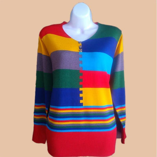 Contrast Color Plus Size Women's Striped Thin Loose Vintage Style Long Sleeve Knit