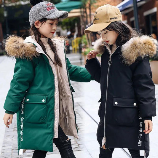 Girls Winter Warm Cotton Coat Children's Windproof and Velvet Padded Jacket Mid-length Thick Korean Jacket