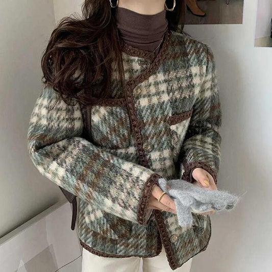 Retro Temperament Round Neck Contrast Color Plaid Design Loose Single-breasted Long-sleeved Woolen Coat Ladies Warm Thick Coat