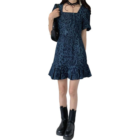 Female Vintage Slim Elegant Party Dress Leopard Print Square Neck Bubble Short Sleeve Denim Graceful Club Dress