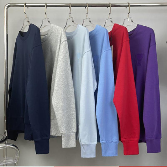 Embroidered Love Solid Color Round Neck Sweater for Men and Women The Same Loose Long-sleeved Pullover Sweatershirts for Lovers