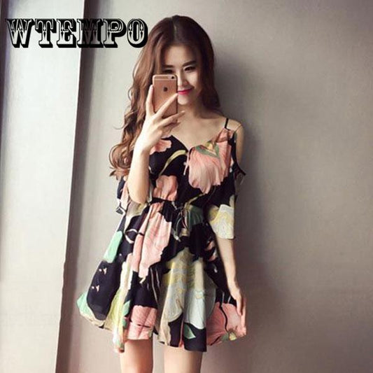 Chiffon Floral Dress Female Strapless A Word Skirt Strap Word Shoulder Beach Skirt