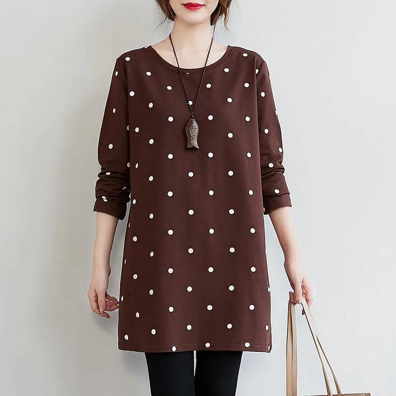 Women Casual Long Sleeve O Neck Wave Point T-Shirt Spring Vintage Loose Tee Tops Pullover
