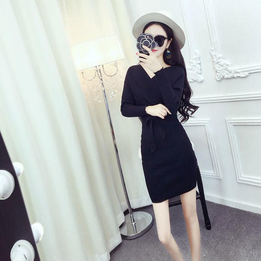 Spring and Autumn Fashion Sexy Jacket Korean Slim Dress V-neck Long Sleeve Halter Sweater