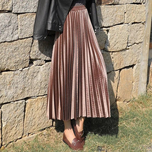 Velvet Pleated Skirt Women's Spring Autumn Korean Style High Waist Skirt Mid-length Slim A-line Skirt Long Skirt