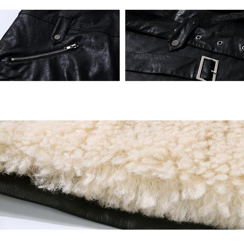 Lamb Wool Jacket Women Short Padded Fur Plush Motorcycle Jacket Ladies Padded Warm Leather Jacket POLO Neck Belt Waist Waist