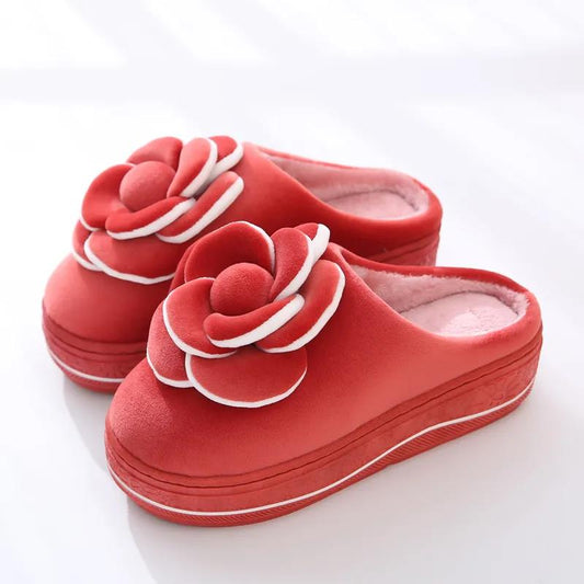 Winter High-heeled Cotton Slippers with Bow Female Cute Princess Style Plus Velvet Home Shoes Thickened Indoor Confinement Shoes