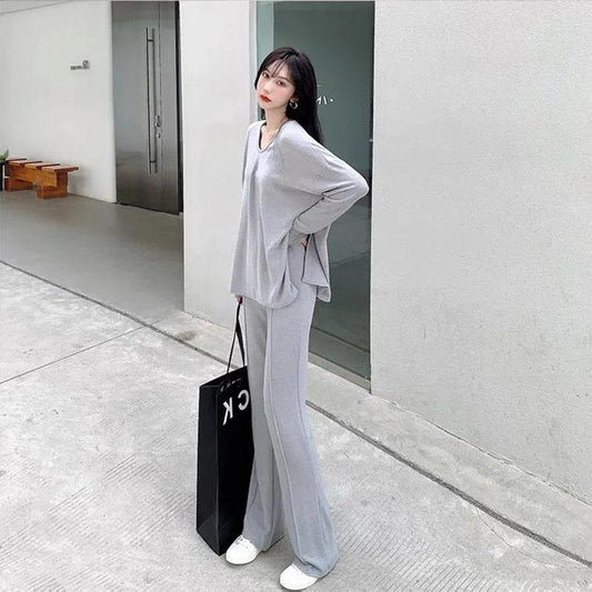 2PCS Women's Autumn Split Mid-Length Suit Casual Wide Long Sleeve Casual Sports Suit Loose Long Sleeve + High Waist Wide Leg Pants Two Piece Suit