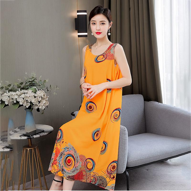 Large Size XL-XXXXXL Women Summer Cotton Silk Dress Sleeveless Vest Skirt Loose Printing Home Night Skirt Beach Skirt
