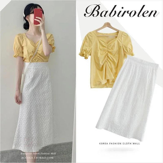 Two-piece Small Fresh Jacket Temperament Sweet Half-length Skirt Suit Female Short-sleeved Shirt + Half-length Skirt Lady Sweet Style Two-piece Suit