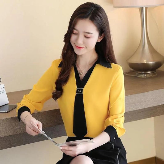 Women's Spring and Autumn Chiffon Shirt T-shirt Large Size Loose V-neck Long-sleeved Top