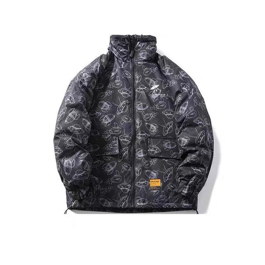 Winter Youth Printed Stand Collar Winter Coat Men and Women Lovers Loose Thickened Warm Cotton Padded Jacket