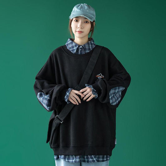 Cotton Spring and Autumn Clothes Fake Two-piece Sweater for Boys and Girls Loose Plaid Shirt Stitching on Clothes