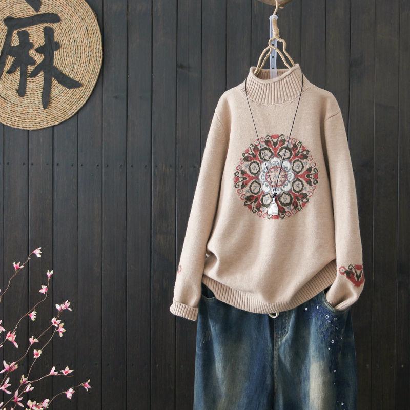 National Style Vintage Pullover Sweater Women Autumn Winter High-neck Plus Size Inner Base Sweater Loose Knitwear